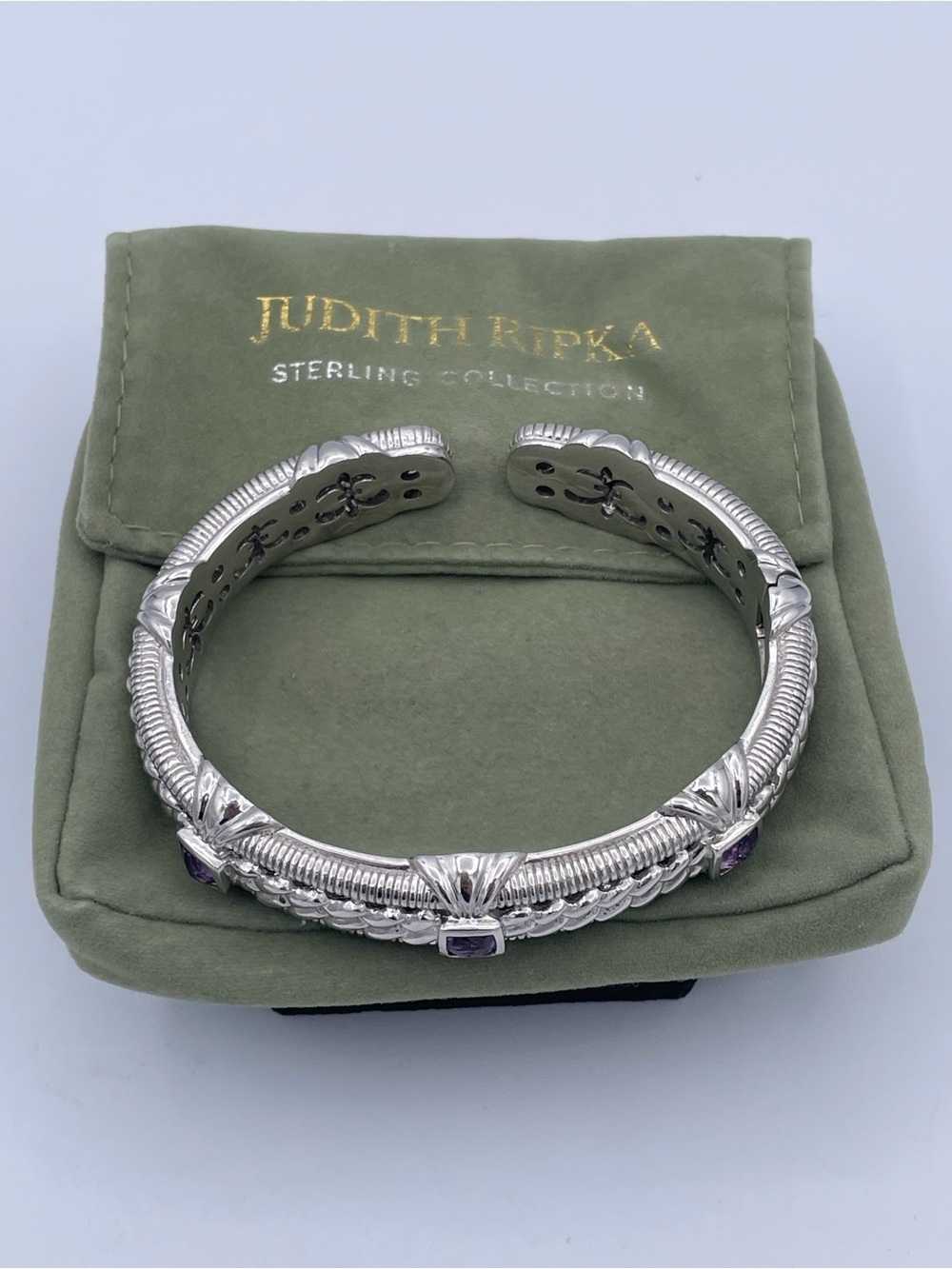 Judith Ripka 925 Sterling Silver Amethyst Cuff Bracelet Thailand Heavy 48.6g - Picture 10 of 11